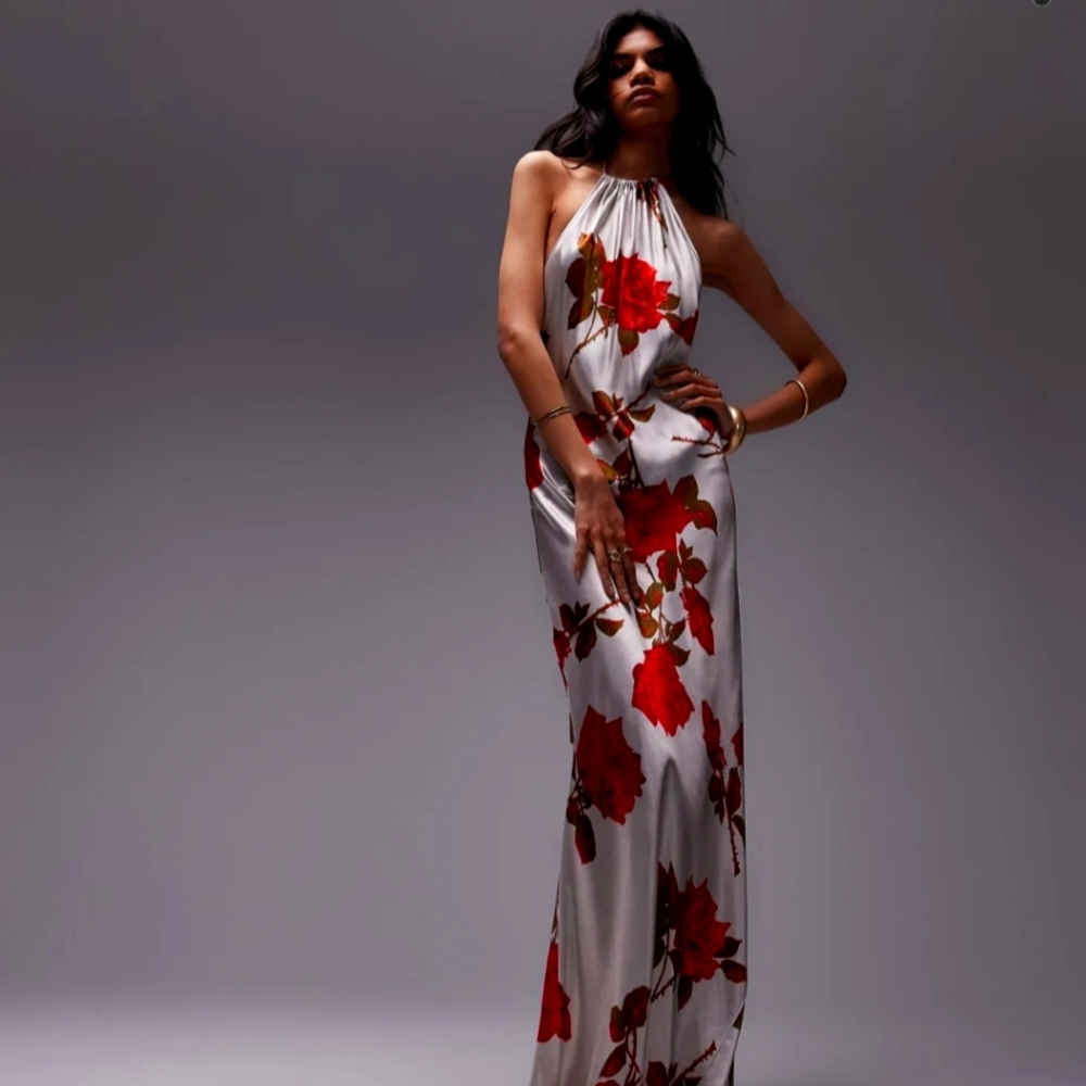 Topshop Red and White Halter Maxi Dress
